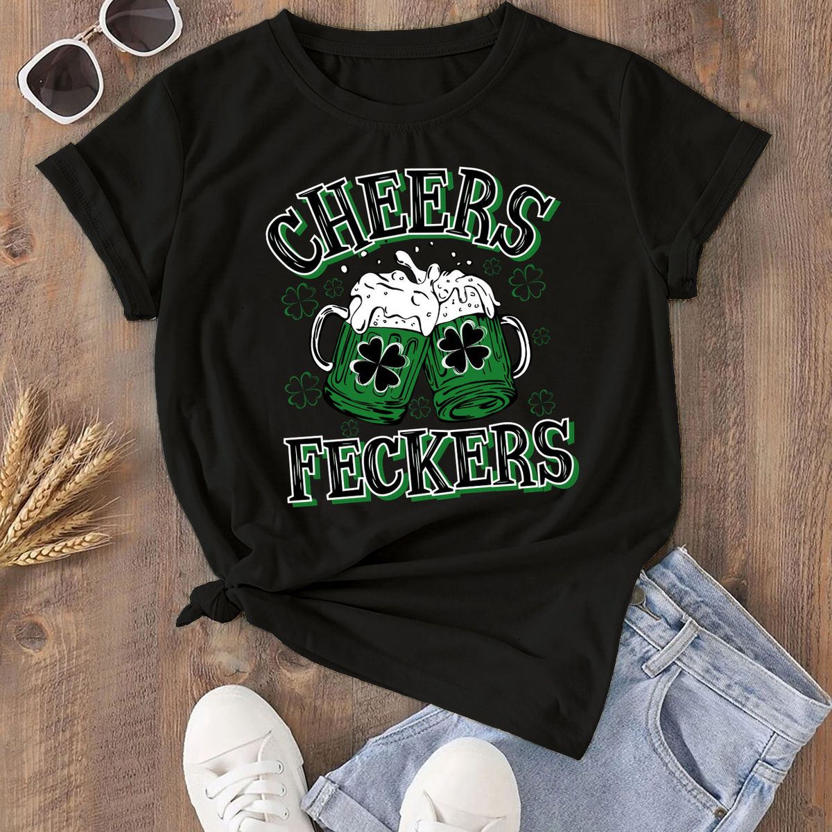 Women's Irish Love St. Patrick's Day Graphic T-Shirts - Cheers Feckers - Black / S
