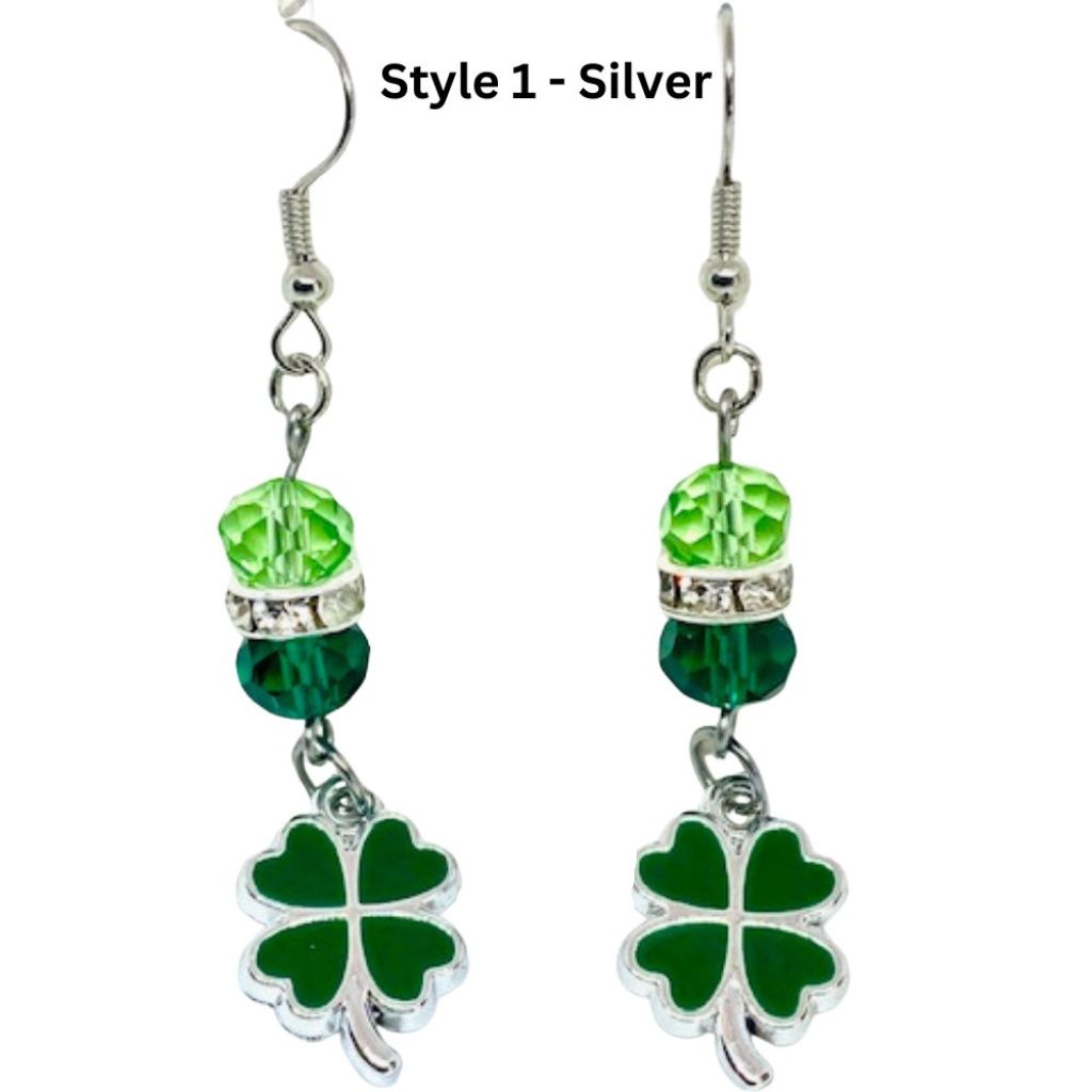 Handcrafted St. Patrick's Day Shamrock Dangle Earrings - Style 1 - Silver