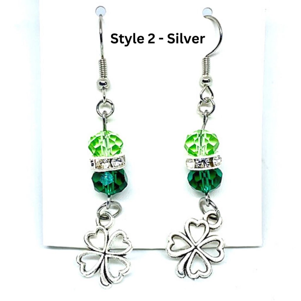 Handcrafted St. Patrick's Day Shamrock Dangle Earrings - Style 2 - Silver