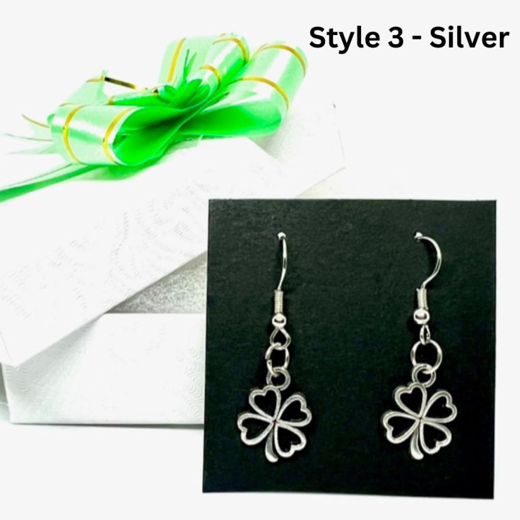 Handcrafted St. Patrick's Day Shamrock Dangle Earrings - Style 3 - Silver
