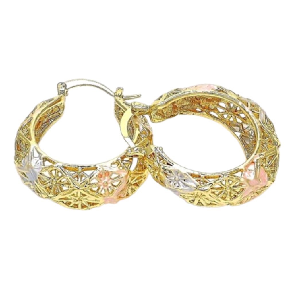 18K Gold-Filled Diamond-Cut Fancy Filigree Textured Hoop Earrings - Tri-Color
