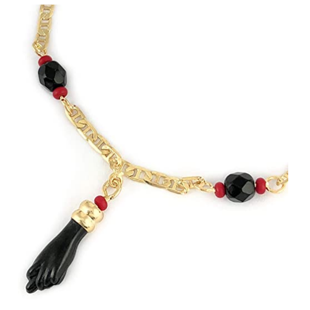 18K Gold-Filled Evil Eye Azabache Hand Charm Protection Mariner/Figaro Bracelet - BR-AZB Figaro-6''