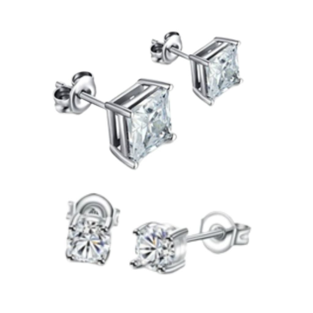 18K Gold Plated Round- and Princess-Cut Stud Earring Set (2-Pair) - White Gold Set