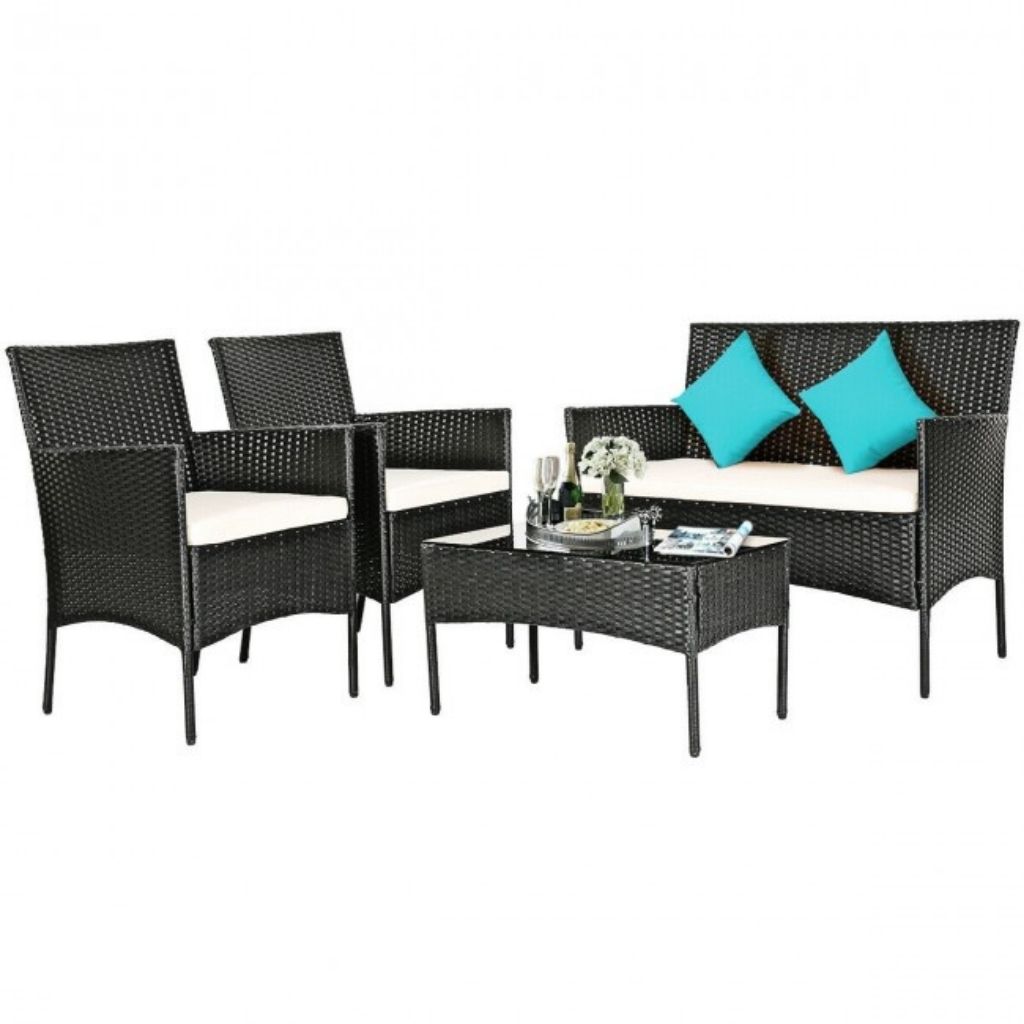 Rattan 4-Piece Patio Furniture with Glass Top Table - White