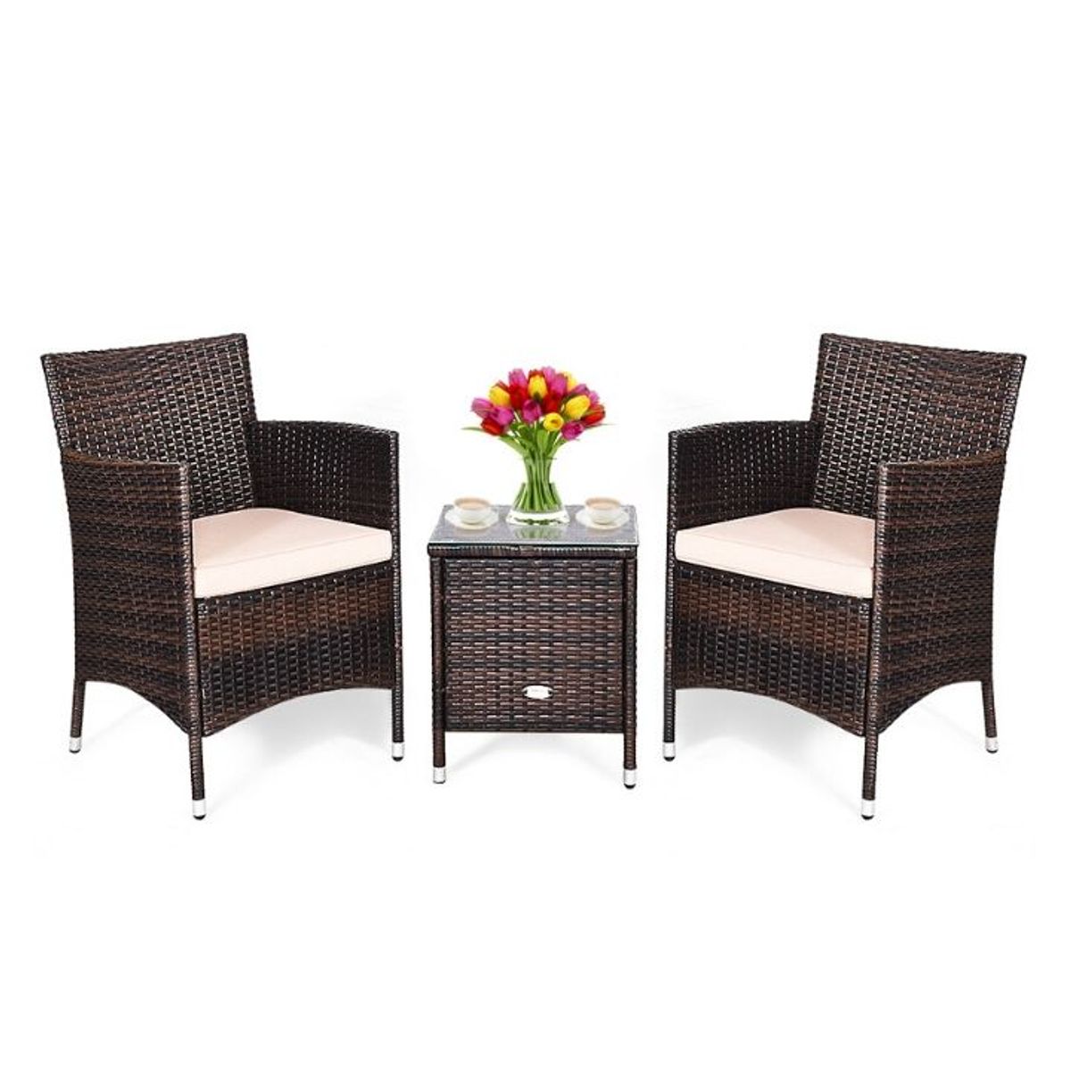 Rattan Wicker Outdoor 3-Piece Table and Chair Set - Beige