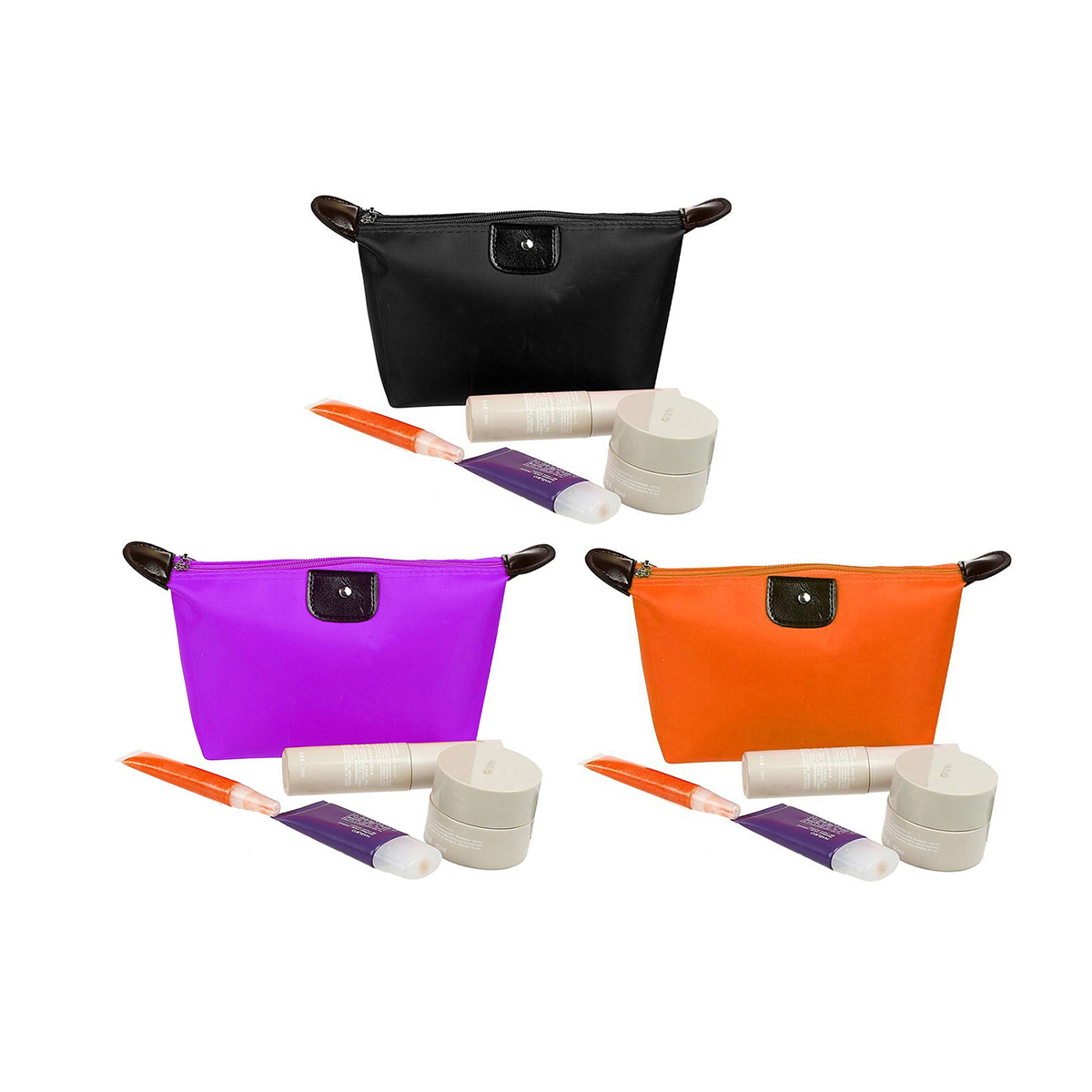 Makeup Bags for Travel (3-Pack) - Black/Orange/Purple