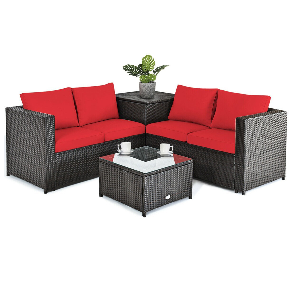 Rattan 4 Piece Storage Loveseat Patio Set - Red