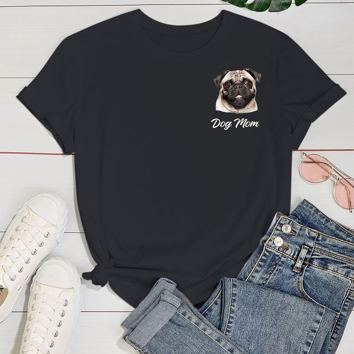 Women's 'Dog Mom' by Breed T-Shirt - Pug - Black / S