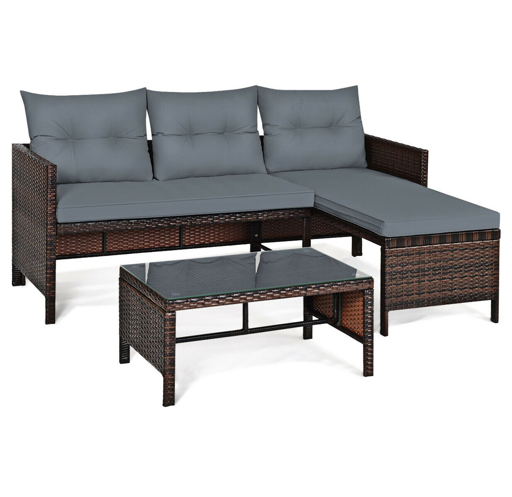 Rattan Wicker Outdoor 3-Piece Patio Sectional - Grey
