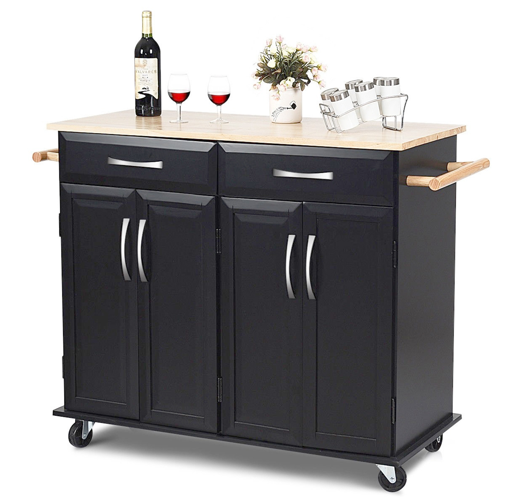 Rolling Wood Top Cabinet Kitchen Island Cart - Black