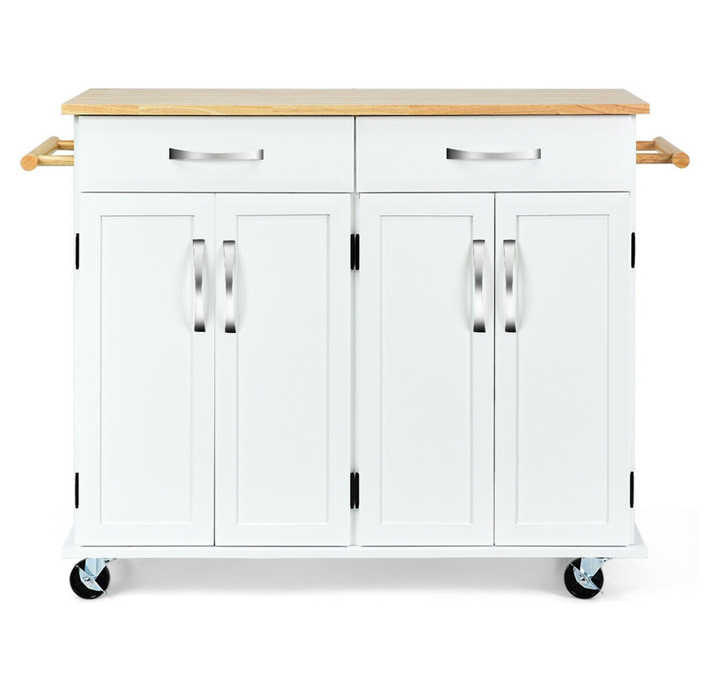 Rolling Wood Top Cabinet Kitchen Island Cart - White