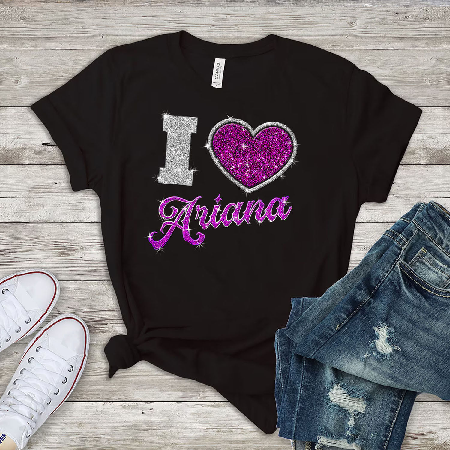 Women's 'Team Ariana' Fashion T-Shirt - I Love Ariana - Black-Bling Prt / S
