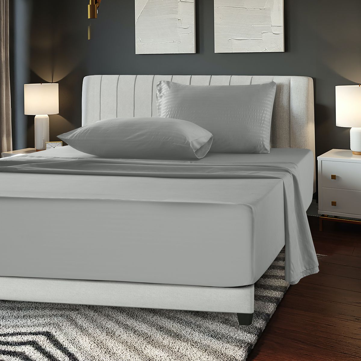 Brushed Microfiber Striped Bed Sheet Set - Queen-Grey