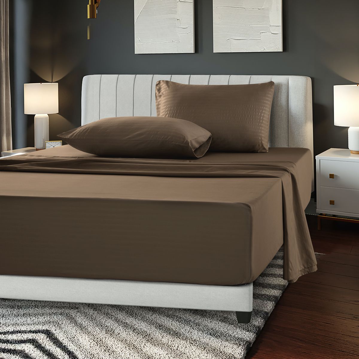 Brushed Microfiber Striped Bed Sheet Set - King-Brown