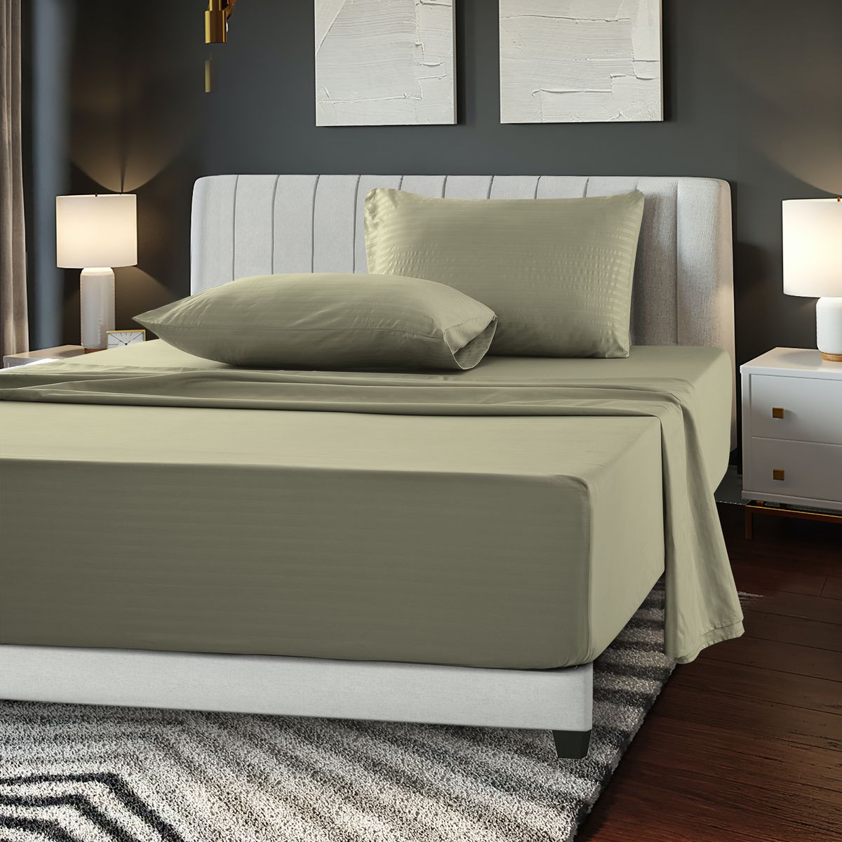 Brushed Microfiber Striped Bed Sheet Set - King-Green