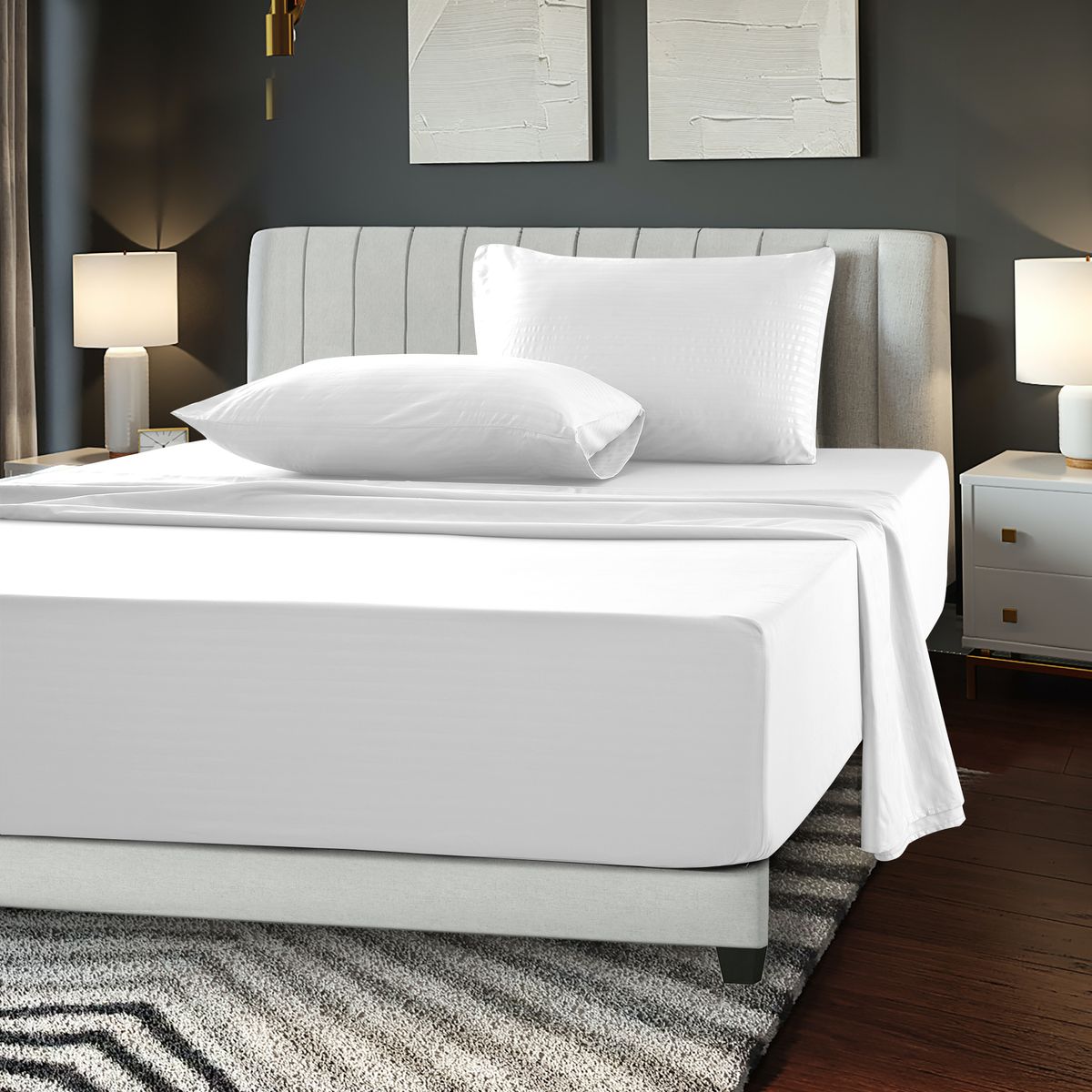 Brushed Microfiber Striped Bed Sheet Set - King-White