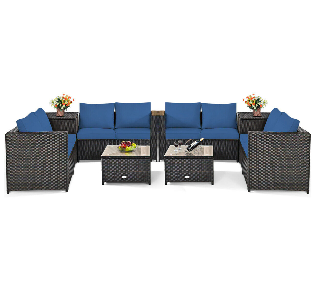Rattan 8-Piece Storage Loveseat Patio Set - Blue Cushions