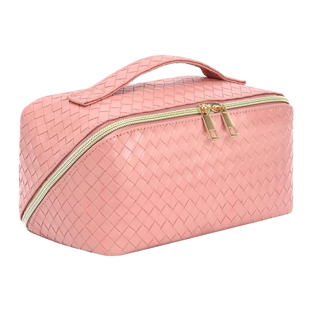 Lay-Flat Travel Cosmetic Bag with Handle & Divider - Pink
