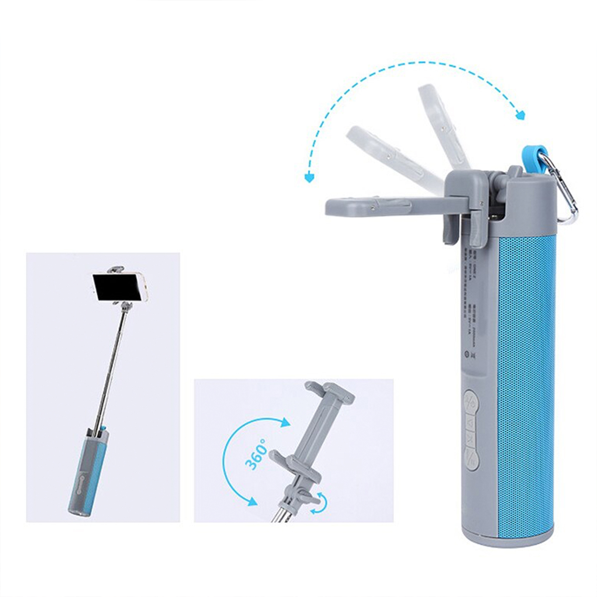 4-in-1 Selfie Stick, Mount, Speaker, & Power Bank - Blue