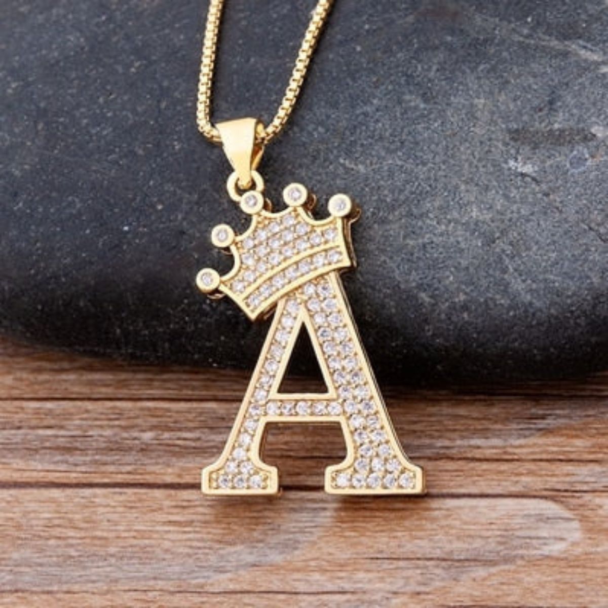 A-Z Alphabet Initial Crown Pendant Necklace - A