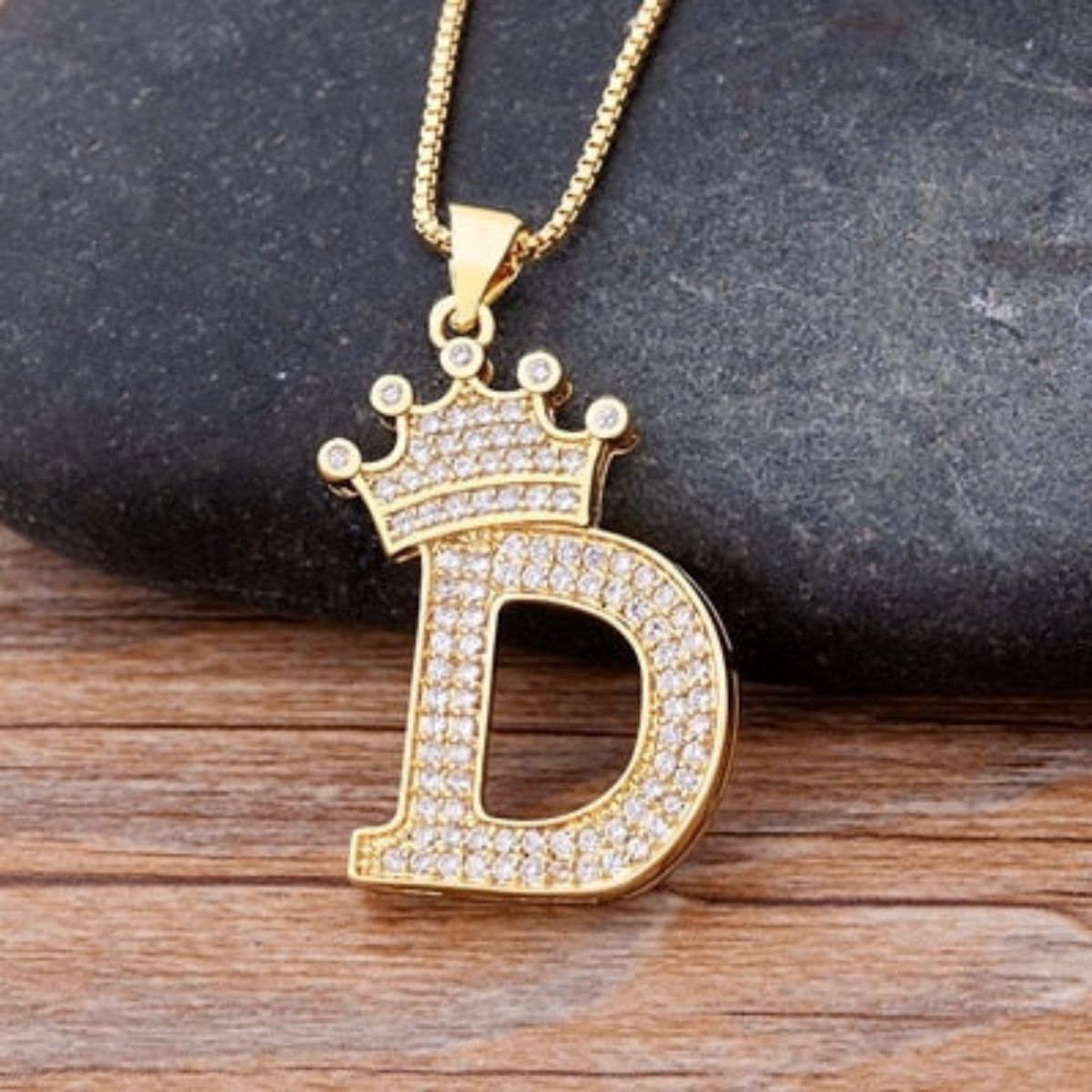 A-Z Alphabet Initial Crown Pendant Necklace - D