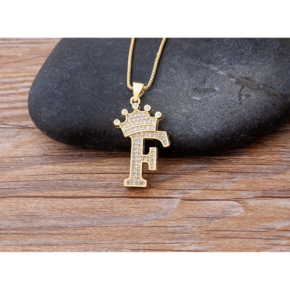 A-Z Alphabet Initial Crown Pendant Necklace - F