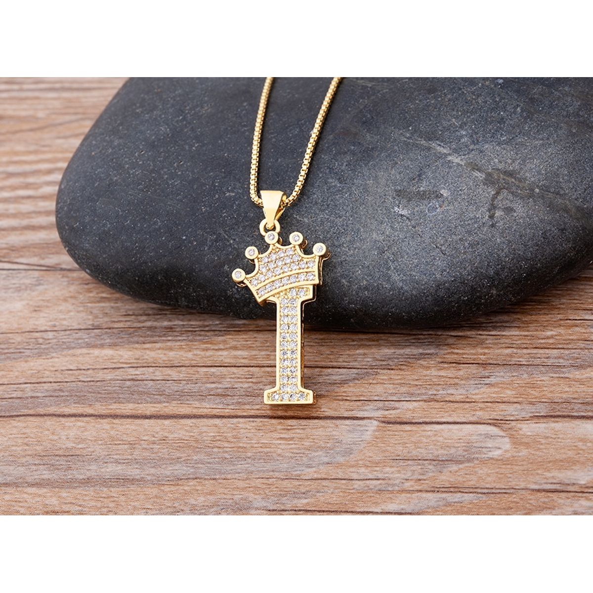 A-Z Alphabet Initial Crown Pendant Necklace - I