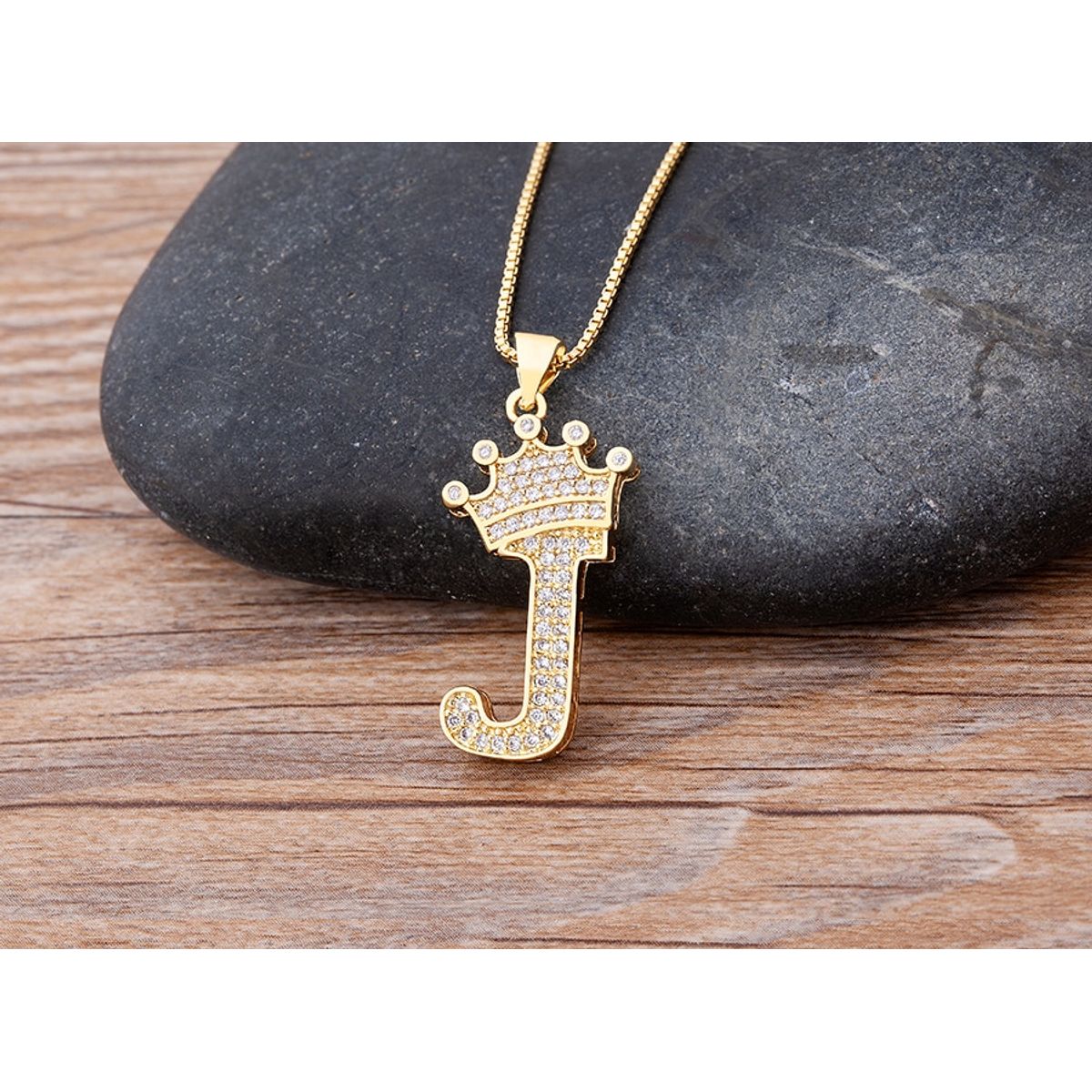 A-Z Alphabet Initial Crown Pendant Necklace - J
