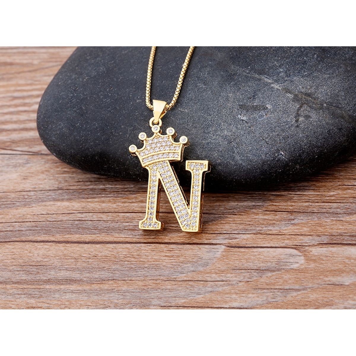 A-Z Alphabet Initial Crown Pendant Necklace - N