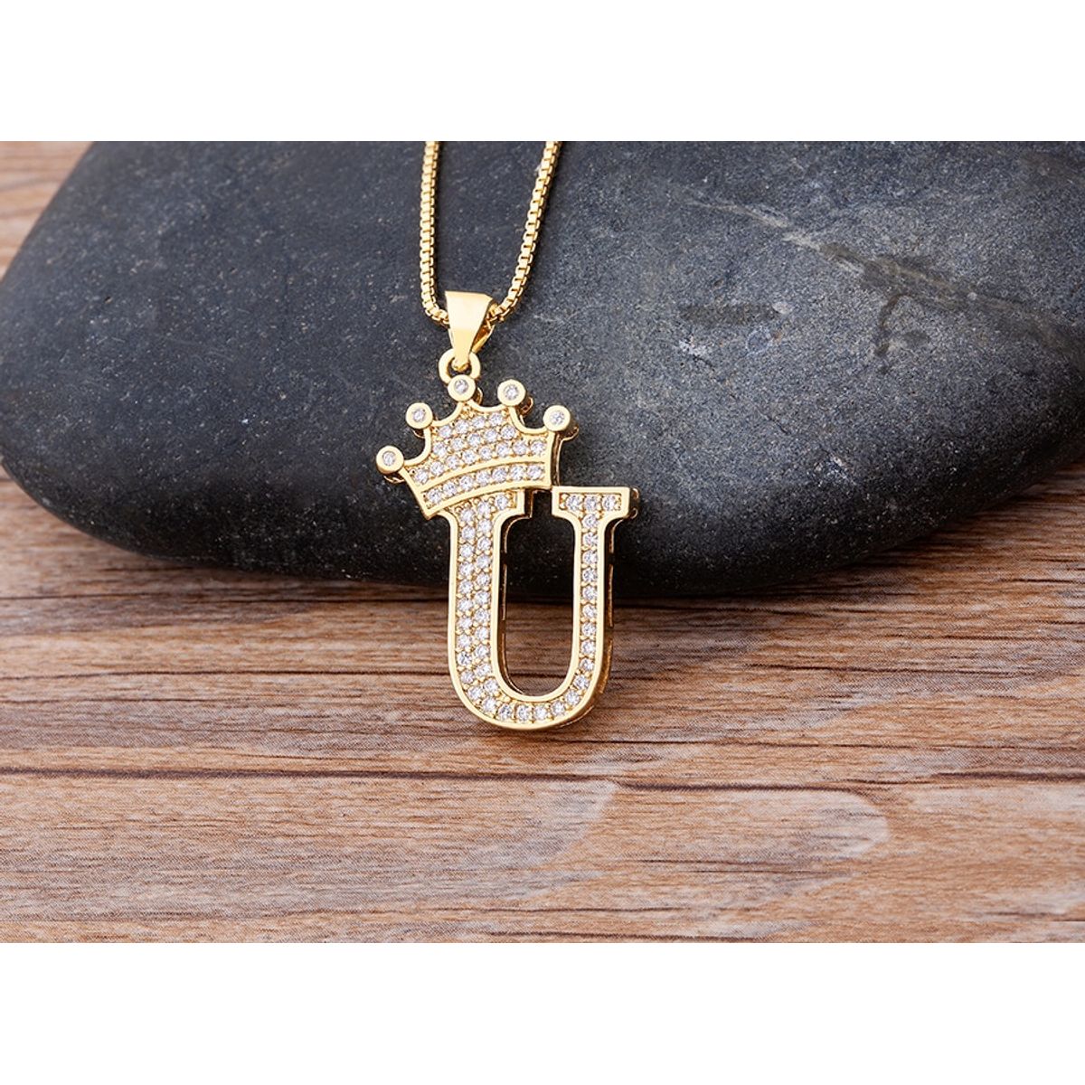 A-Z Alphabet Initial Crown Pendant Necklace - U