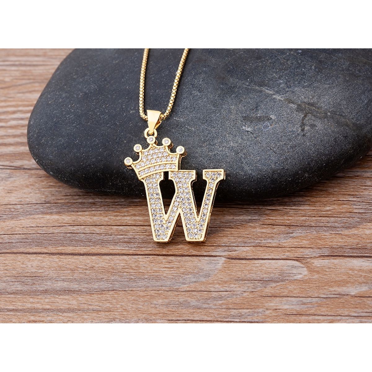 A-Z Alphabet Initial Crown Pendant Necklace - W