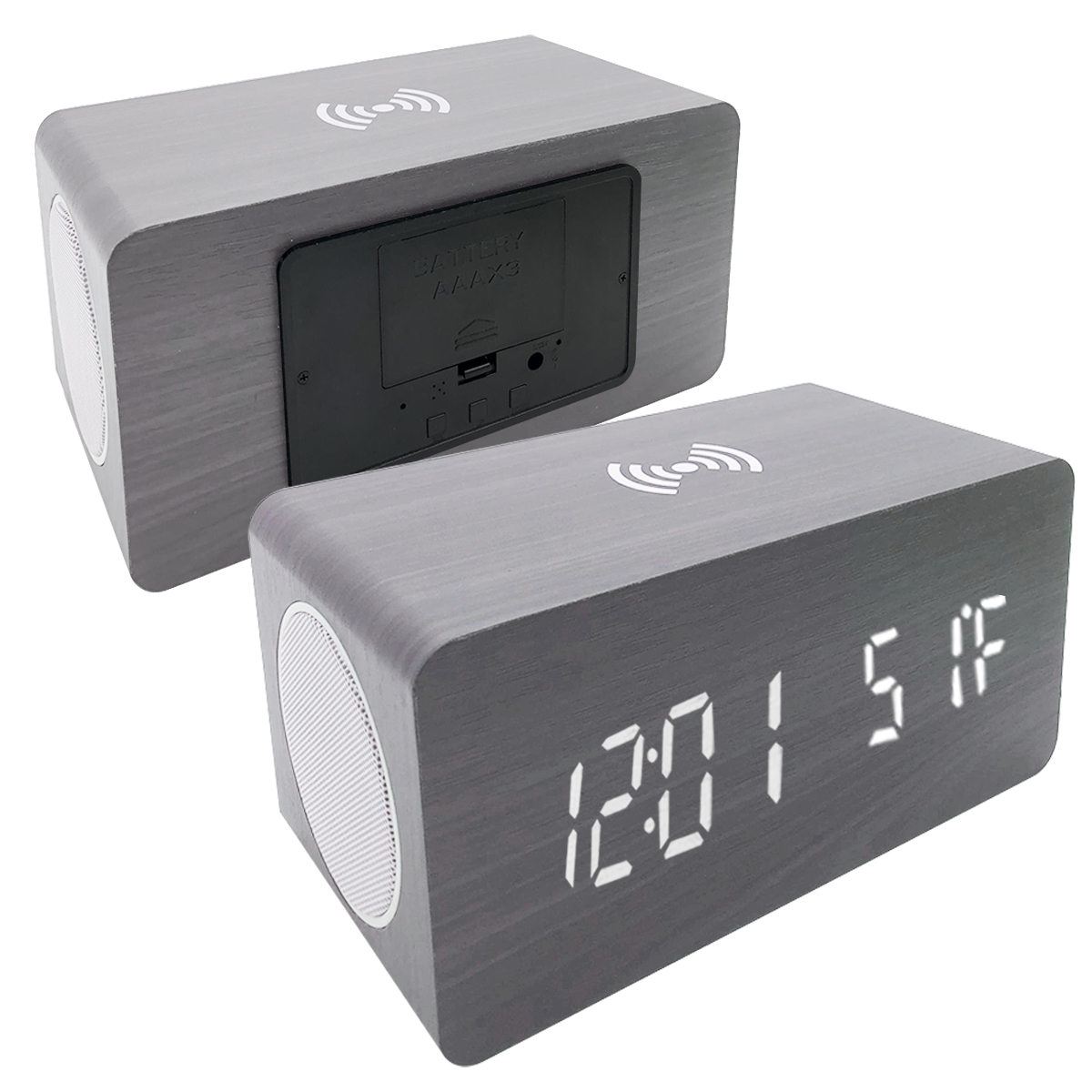 Zummy Wood Digital LED Alarm Clock with Qi Charger - Grey
