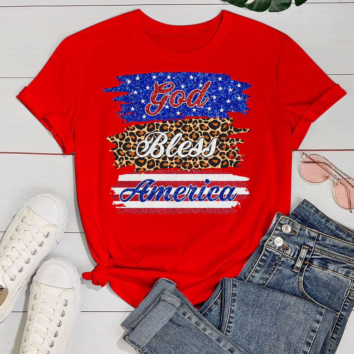 Women's Miss Americana T-Shirts - God Bless America - Red - L