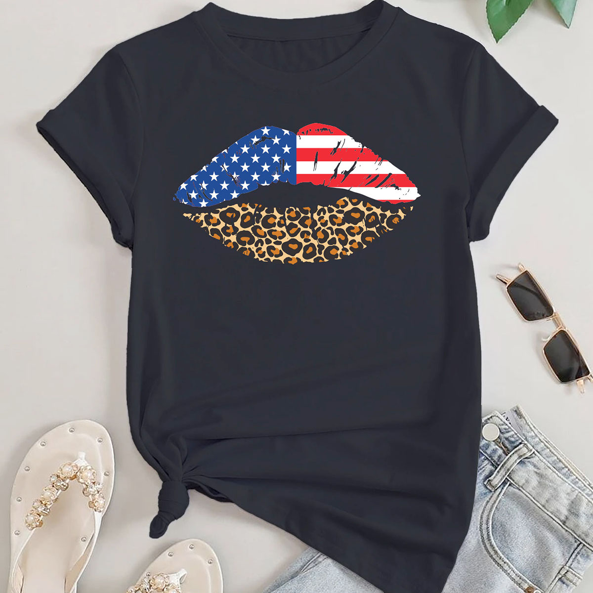 Women's Miss Americana T-Shirts - USA Flag Leopard Lips - Black - 2XL