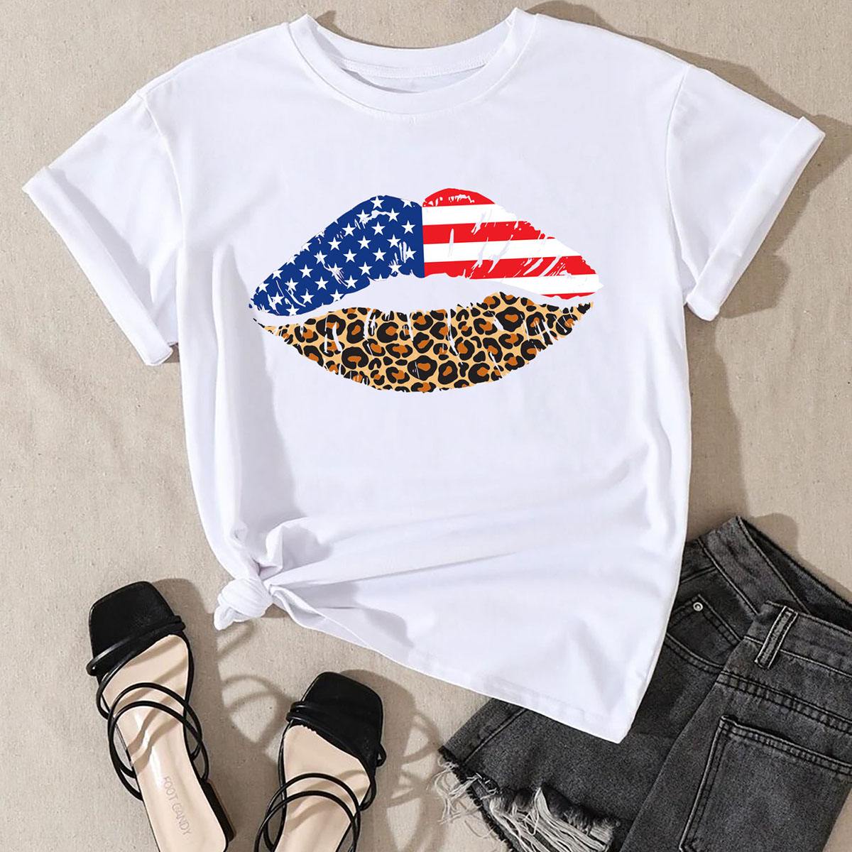 Women's Miss Americana T-Shirts - USA Flag Leopard Lips - White - XL