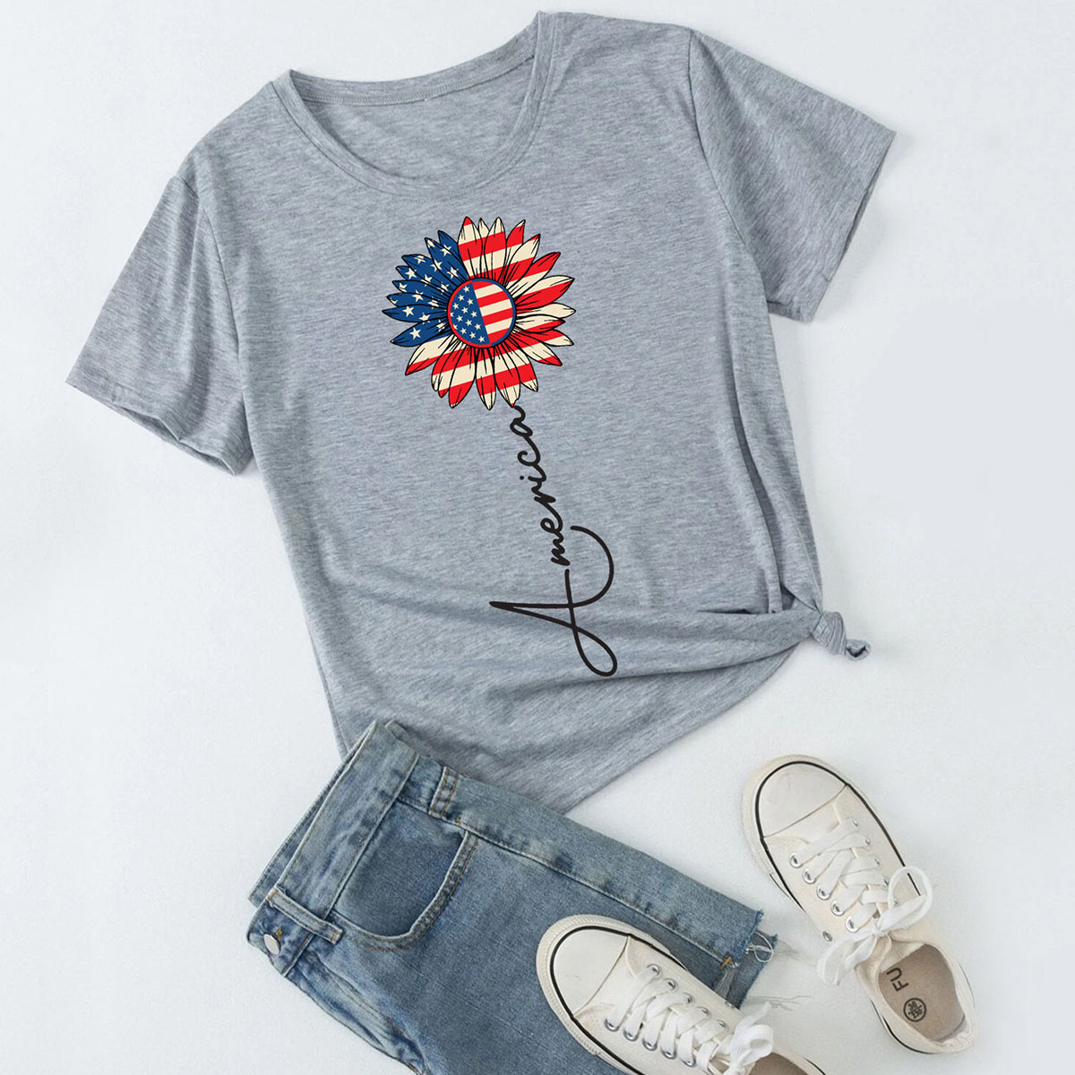 Women's Miss Americana T-Shirts - USA Flag Sunflower America Signature - H.Grey - S