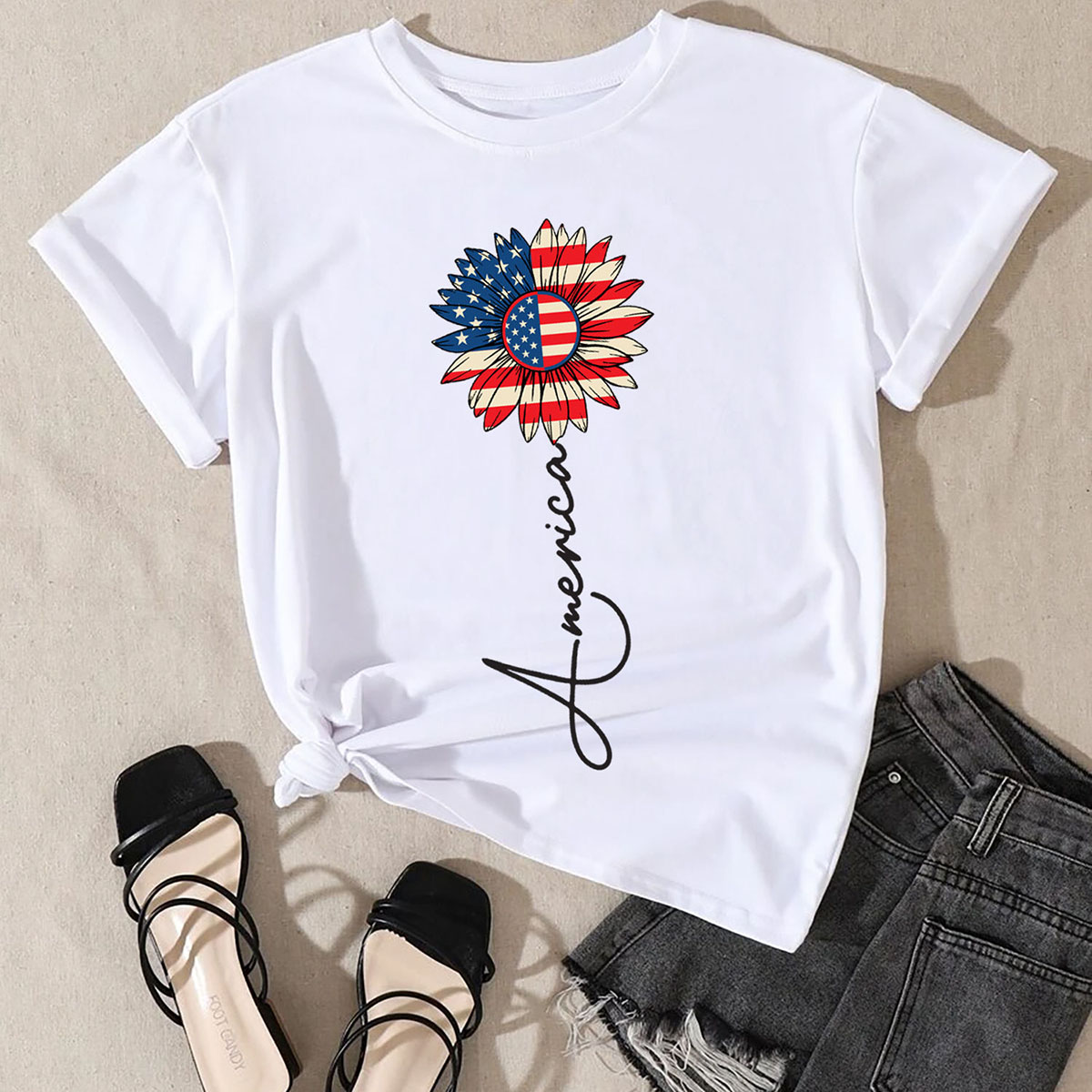 Women's Miss Americana T-Shirts - USA Flag Sunflower America Signature - White - L