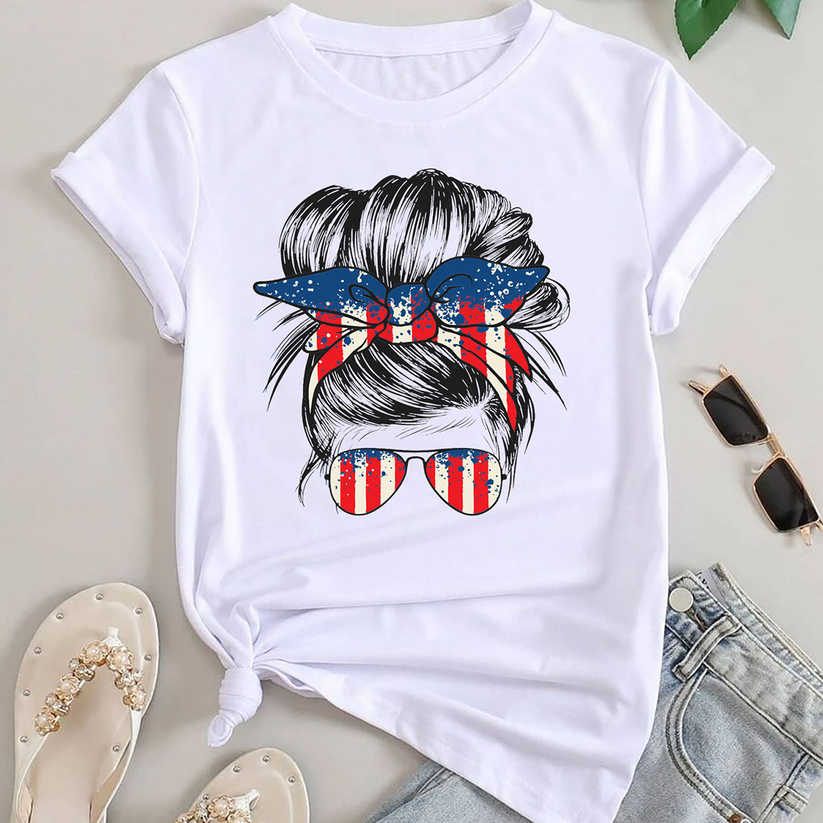 Women's Miss Americana T-Shirts - USA Flag Hairdo - White - 2XL