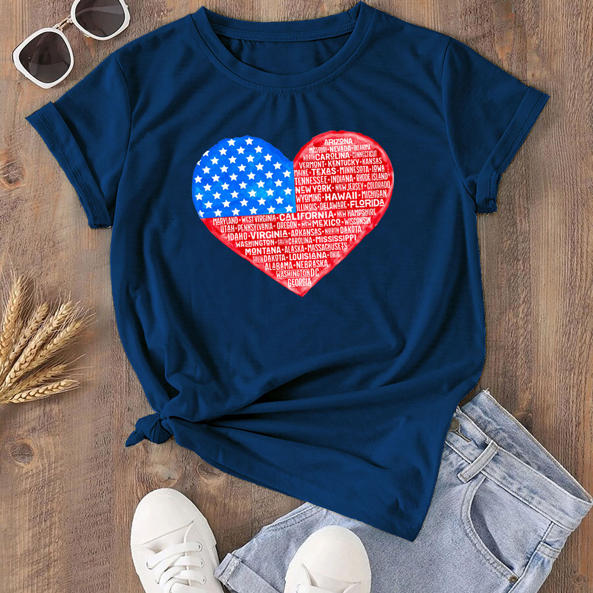 Women's Miss Americana T-Shirts - USA Flag Heart States - Navy - 2XL