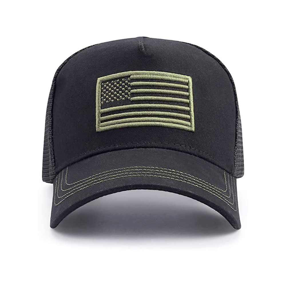 American Flag Trucker Hat with Adjustable Strap - Black with Green Flag