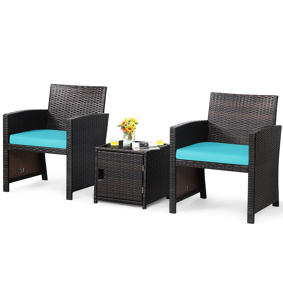3-Piece Patio PE Rattan Conversation Bistro Furniture Set with Waterproof Covers - Patio Furniture Set TU