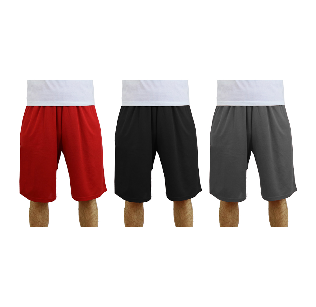 Men’s Moisture Wicking Active Mesh Shorts (3-Pack) - Red - Black - Charcoal - MD