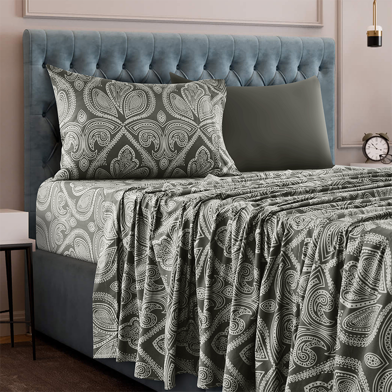 4 or 6-Piece Paisley Printed Deep Pocket Bed Sheet Set - Twin - Grey