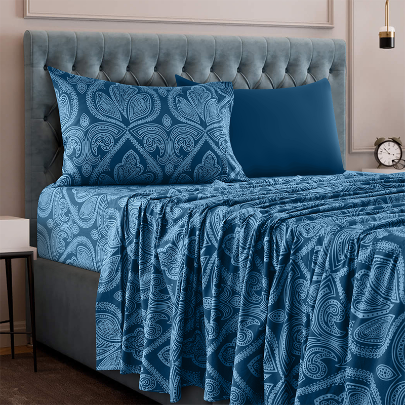 4 or 6-Piece Paisley Printed Deep Pocket Bed Sheet Set - Twin - Dark Blue