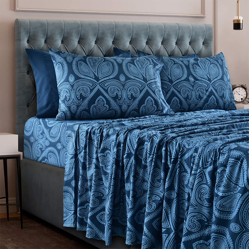 4 or 6-Piece Paisley Printed Deep Pocket Bed Sheet Set - FULL - DARK BLUE