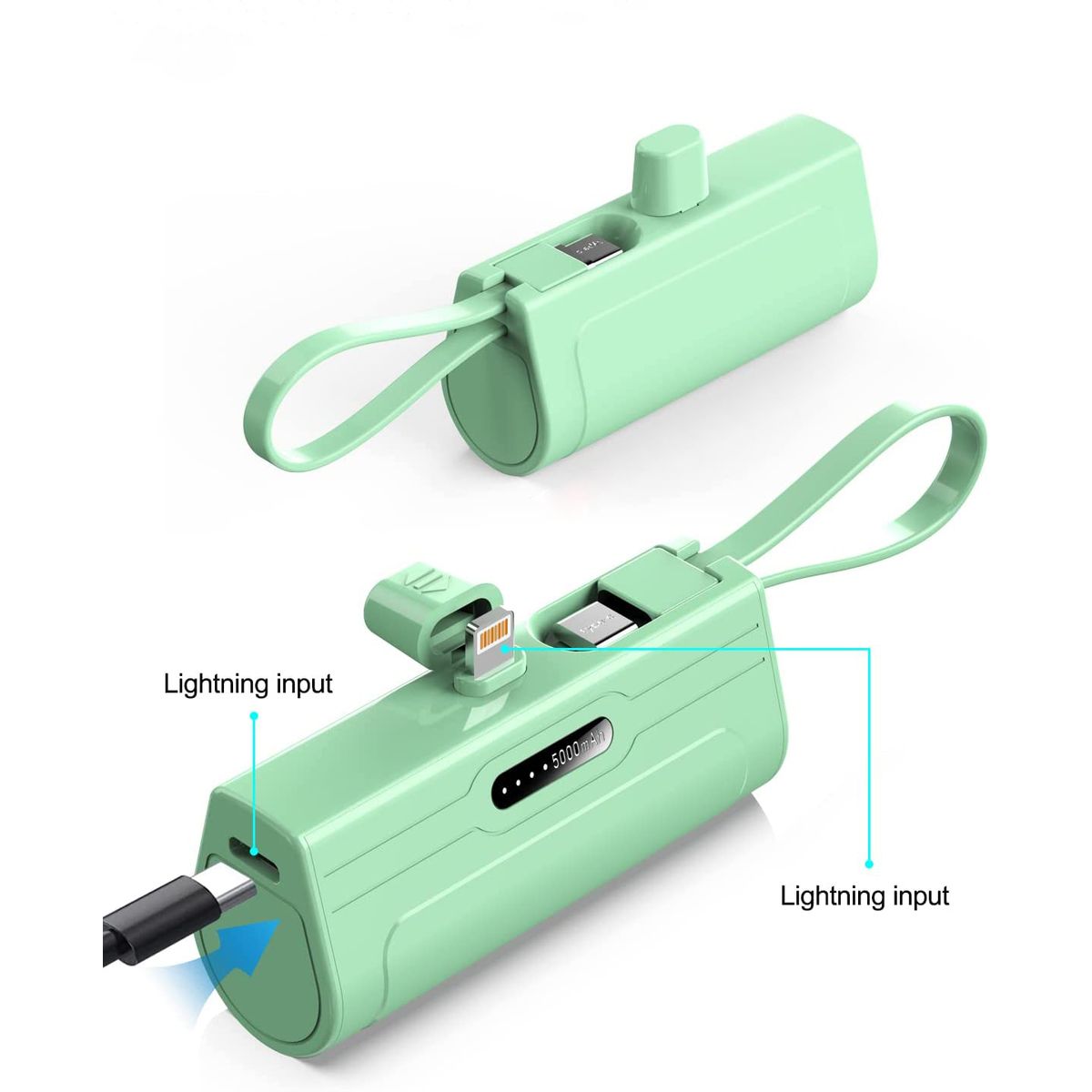 2-in-1 Keychain 5,000mAh Power Bank with Dual Charging Cord - Green