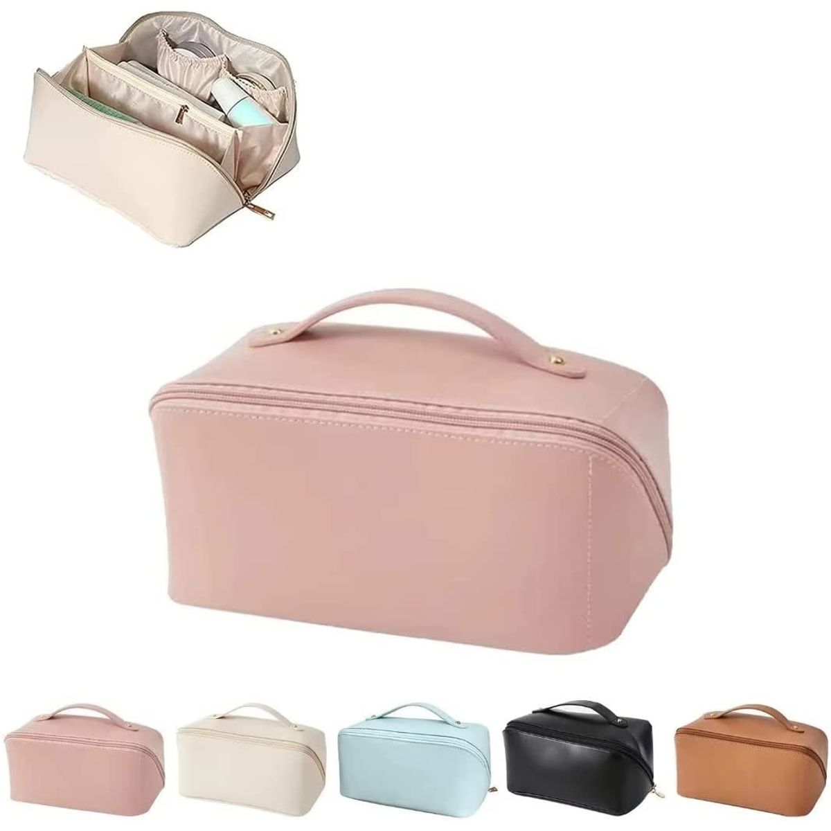 Large Capacity Travel Cosmetic Case with Handle and Divider - New Pink