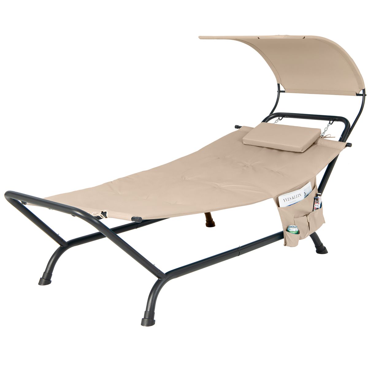 Patio Hanging Chaise Lounge Chair with Canopy, Cushion Pillow, and Storage Bag - Beige