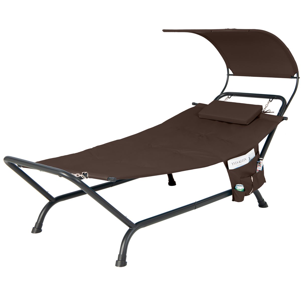 Patio Hanging Chaise Lounge Chair with Canopy, Cushion Pillow, and Storage Bag - Brown