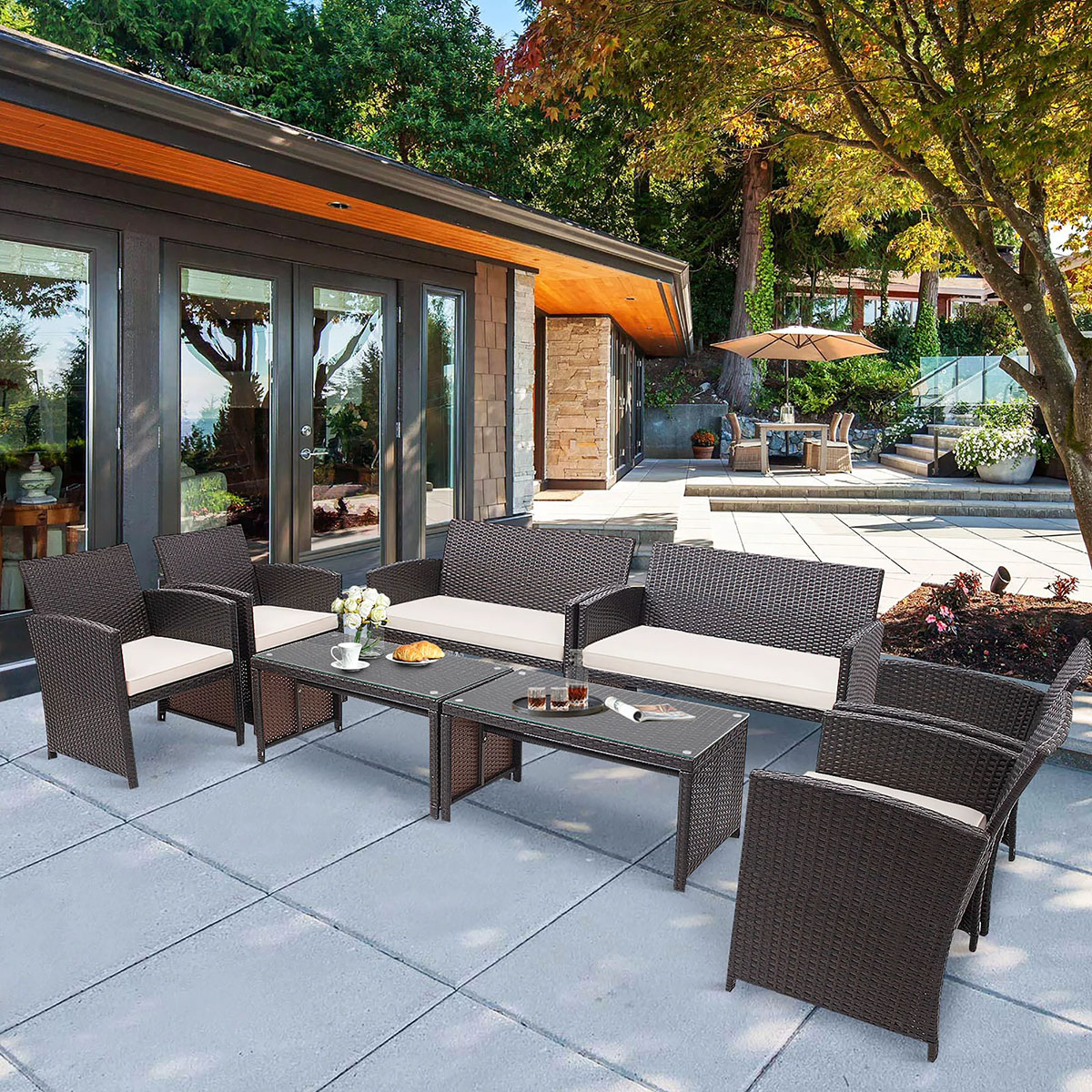 8-Piece Patio Rattan Furniture Set - Cushioned Chair, Sofa, Coffee Table - 8PCS Rattan Furniture WH